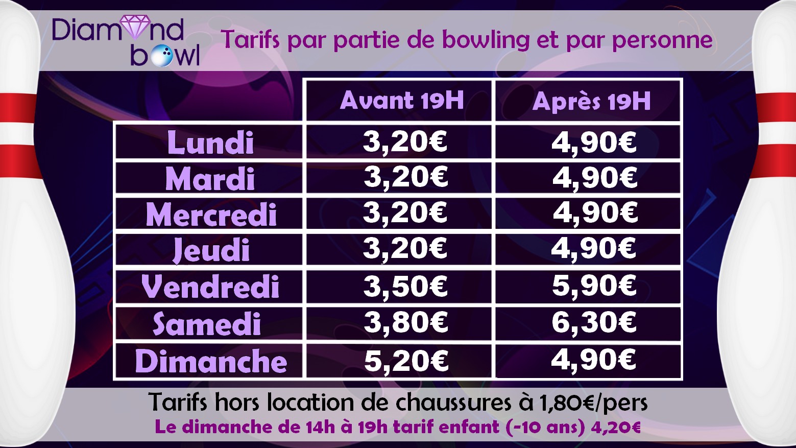 Tarifs bowling – Diamond Bowl